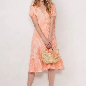 Lauren Conrad floral puff sleeve wrap smocked midi dress